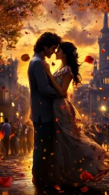 Urban Romance in Golden Hour with Falling Leaves Effect.