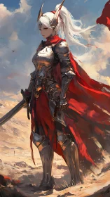 Silver-armored warrior stands resolute beneath crimson banners.