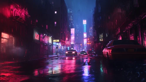 Neon soaked city street glows under rain in moody nightscape