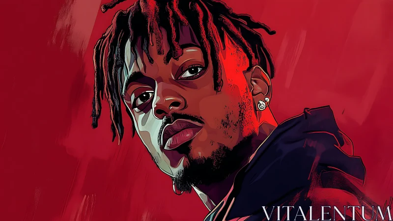 Bold stylized portrait against intense crimson backdrop.