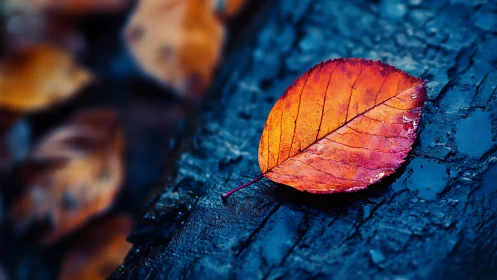 Orange autumn leaf rests on wet dark tree bark