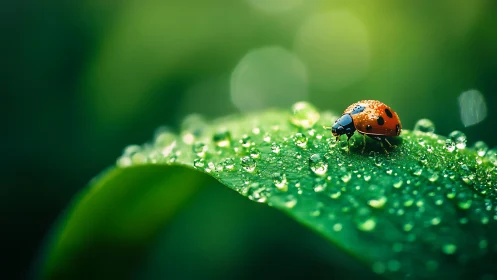 Tiny ladybug pauses on a dewy leaf in gentle morning light
