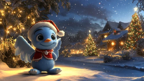 Blue cartoon bird in Santa hat stands in luminous snowy village