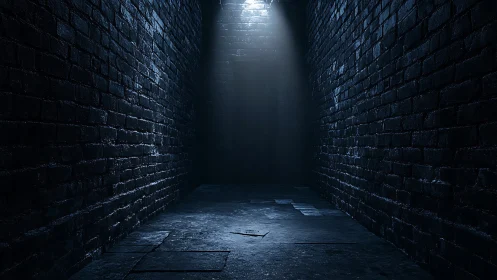 Midnight brick corridor drenched in cold cinematic moonlight.