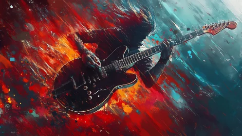Kinetic electric guitarist silhouette in turbulent chromatic field.