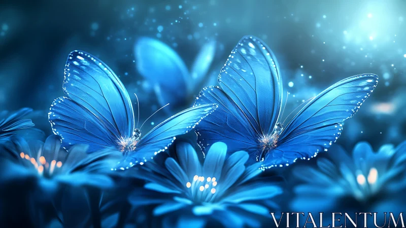 Blue butterflies on stylized flowers under soft blue light.