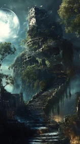 Moonlit vine-covered tower and winding skyward staircase.