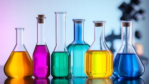 Aligned laboratory flasks display chromatic chemical solutions