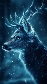 Moonlit stag glows softly in a quiet blue winter snowfall