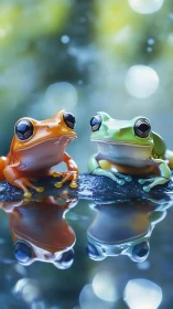Bicolor tree frogs on wet stone with mirrored water reflections.
