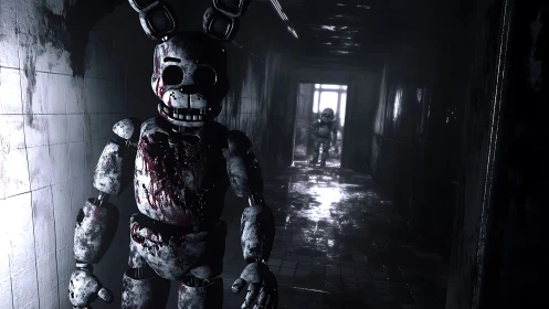 Damaged animatronic figures in dim industrial hallway scene.