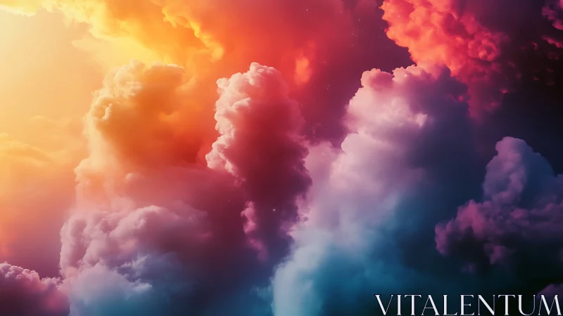 Digital painting of prismatic storm clouds in vertical ascent.