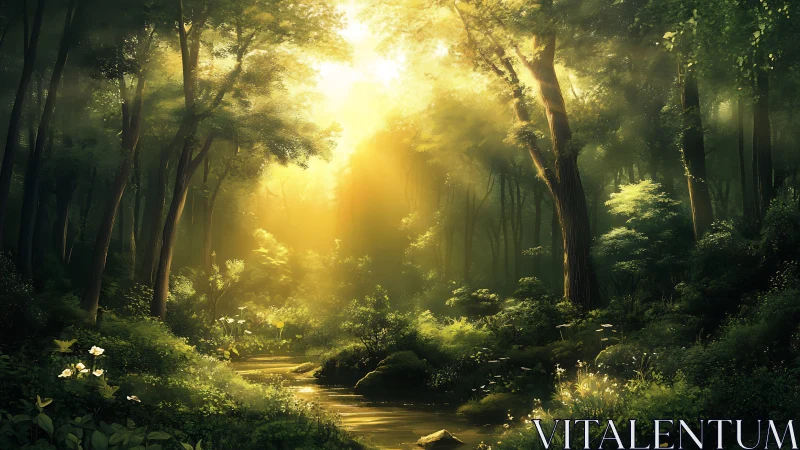 Luminous Forest Path with Golden Sunlight Through Towering Trees.