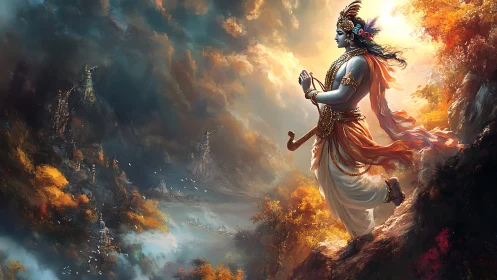 Sunlit deity strides above storm-wreathed valley of temples.