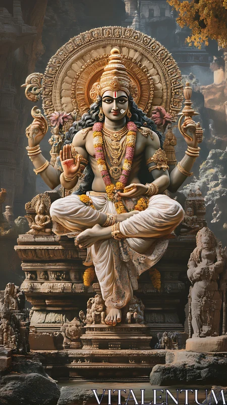 Hyper-detailed Hindu deity sculpture rendered with ornate stone mandala halo