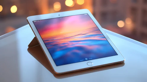 White iPad displaying sunset ocean wallpaper with warm bokeh background.