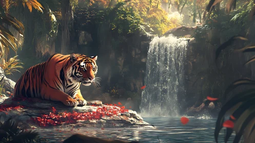 Resting tiger by a tranquil jungle waterfall at sunset.