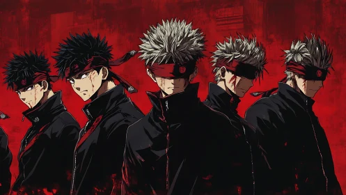 Bandaged warriors in black uniforms against blood red field.