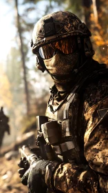 Soldier in modern camouflage gear stands alert in forest