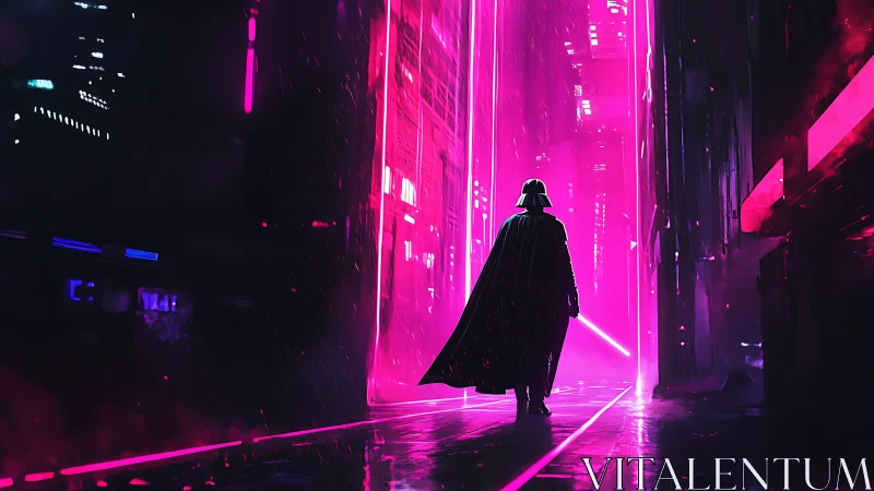 Dark armored figure in neon corridor with glowing weapon.