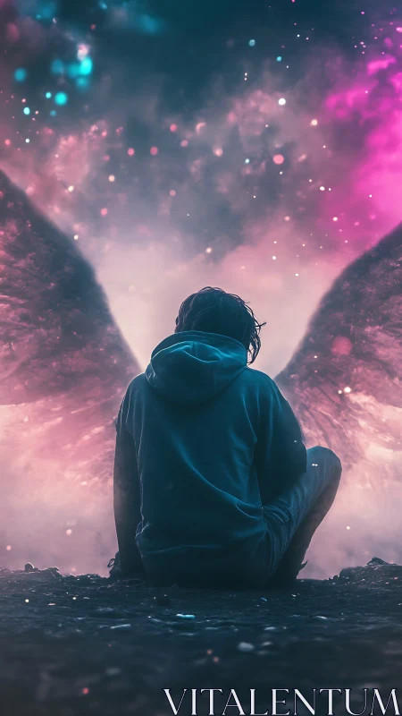 Human figure with wings before nebula-like sky at dusk.