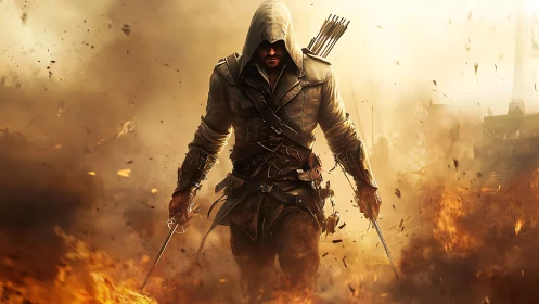 Hooded rogue strides through incendiary battlefield with dual blades