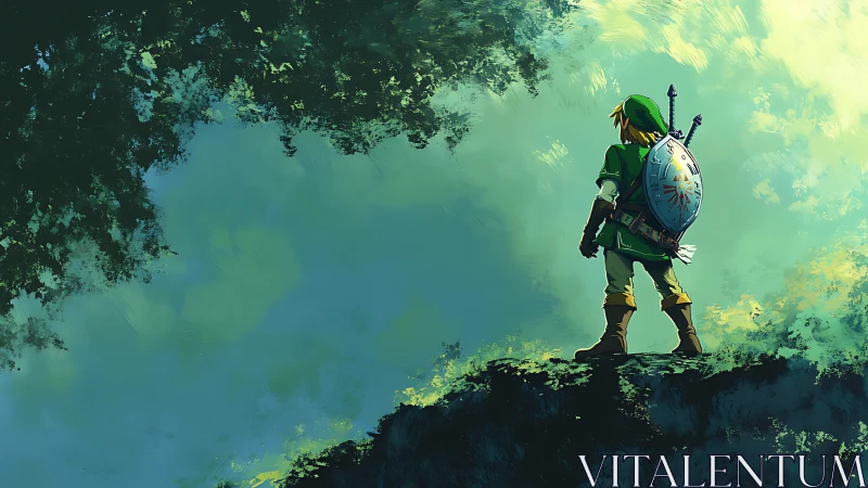 Lone forest hero gazes into a bright, mysterious horizon