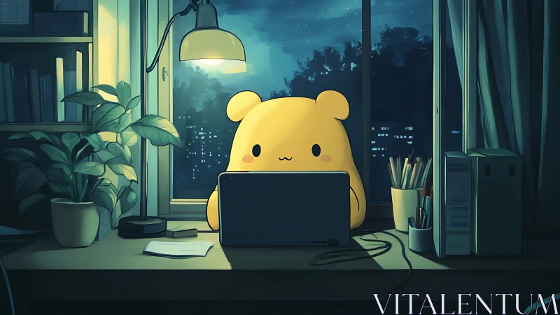 Cute bear character works late at cozy night desk scene.