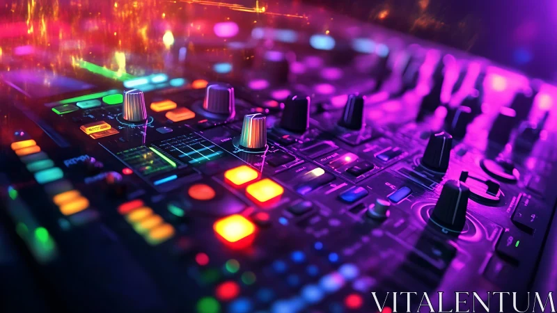 Cyberpunk DJ controller interface in neon bokeh lighting.