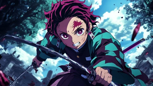 Sword-wielding warrior charges through swirling petals sky