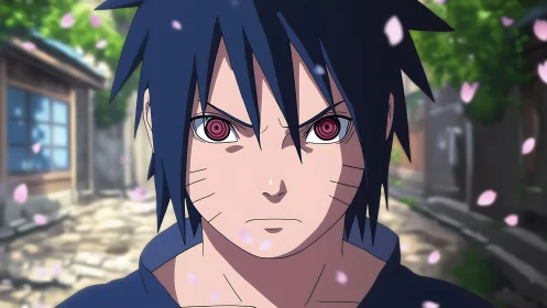 Anime boy with red eyes stands in alley under falling petals