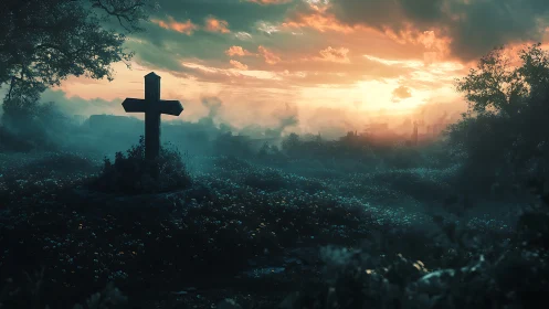 Sunset cross in misted cemetery wildflower landscape composition.