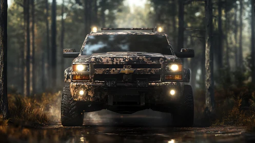 Digital-camouflage off-road truck rendered with volumetric forest lighting