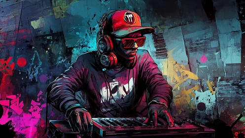 DJ wearing headphones mixes music on vivid neon console