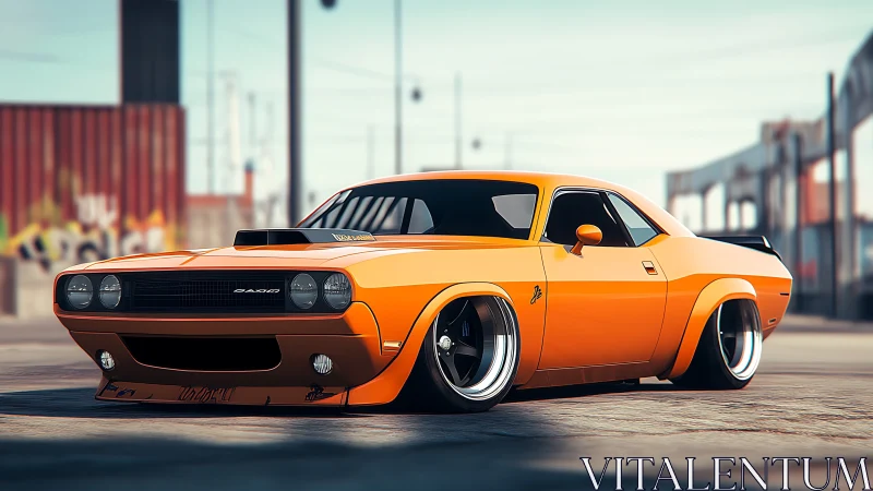 Lowered orange muscle car with wide wheels on urban lot.