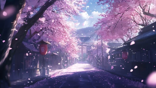 Gentle cherry blossoms guide a quiet street into soft light