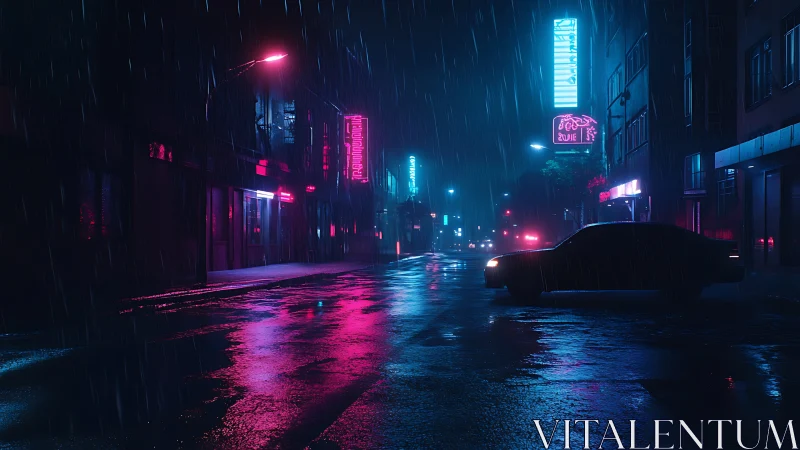 Nocturnal neon corridor with silhouetted sedan in rainfall.