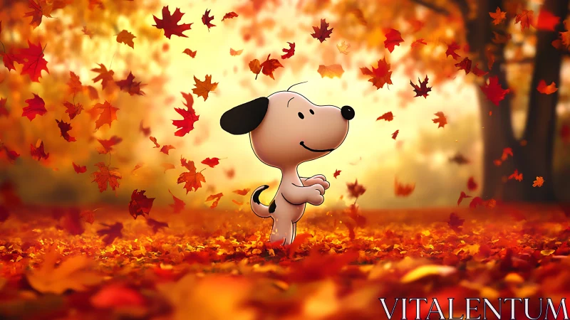 Cartoon dog enjoying swirling autumn leaves in warm glow.