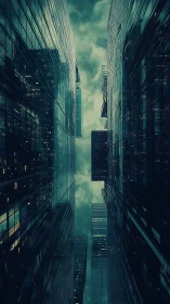 Glass skyscraper canyon rises into a moody teal night sky