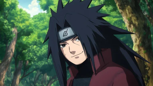 Forest-lit shinobi smirks beneath a storm of wild hair
