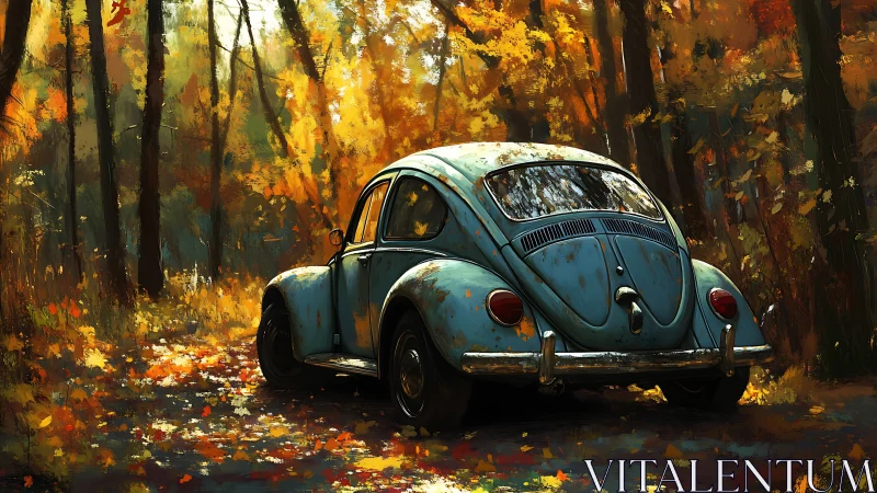 Weathered blue compact car in dense autumn forest scene.