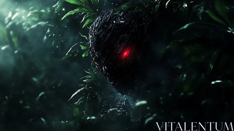 Cybernetic predator skull with red optics in dense jungle fog