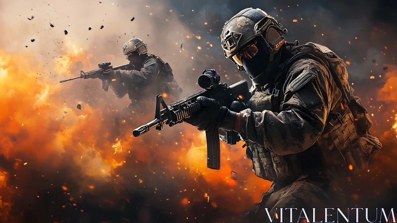 Tactical infantry assault amid high-energy explosive plume.