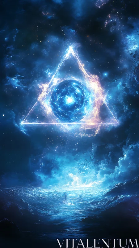 Geometric energy portal above figure in luminous seascape.