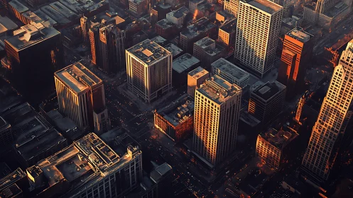 Sunlit downtown skyscrapers glow through dense evening haze