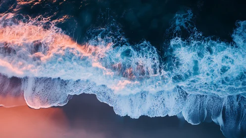 Aerial surf captures luminous waves on twilight shore