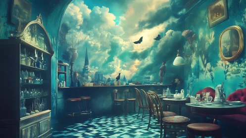 Dreamlike café interior merging sky and cityscape vistas.