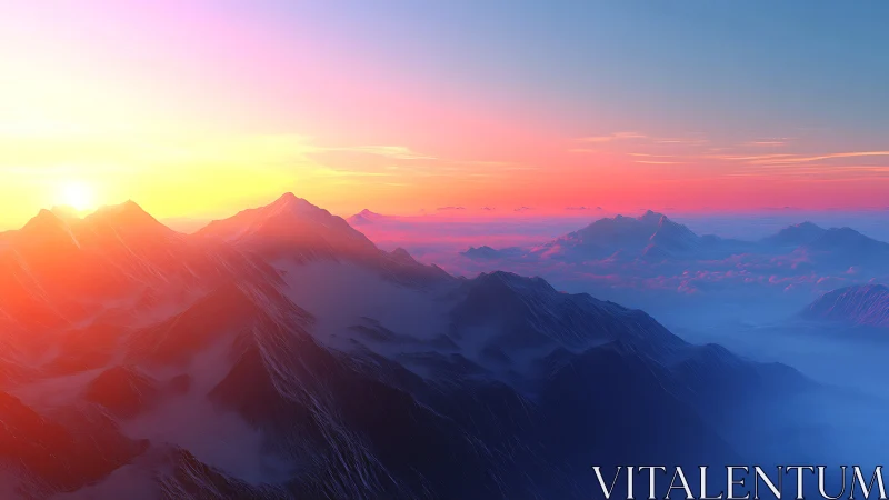 Sunlit mountain range lies above layered atmospheric haze