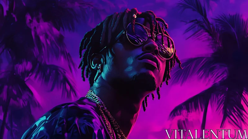 Neon-lit portrait with tropical silhouettes in digital painting style.