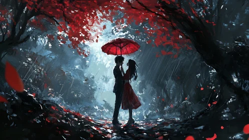 Romance blooms where crimson umbrellas defy the storm